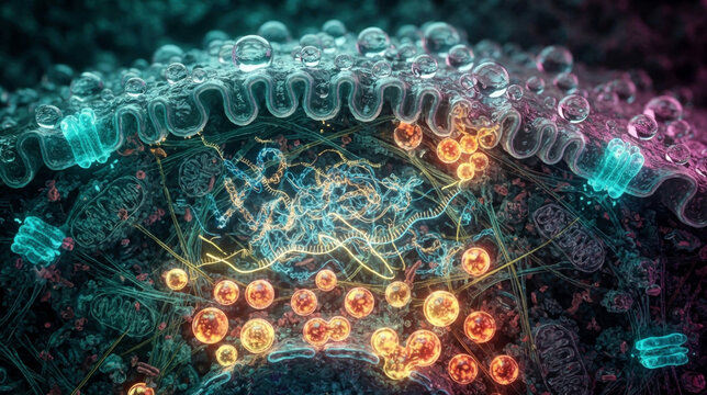 Sweat gland cross section with chromosomes, messenger RNA, ion channels, and overactive vesicles driving hyperhidrosis genetics research.