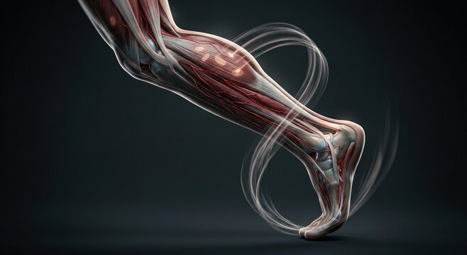 Lower leg biomechanics cutaway with Achilles fibers, cartilage surfaces, capillary networks, mitochondria, and shock wave arcs
