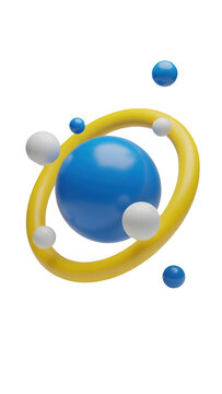 Abstract 3D planet with yellow ring and floating spheres, blue and white planetary system illustration, modern cosmic science concept art