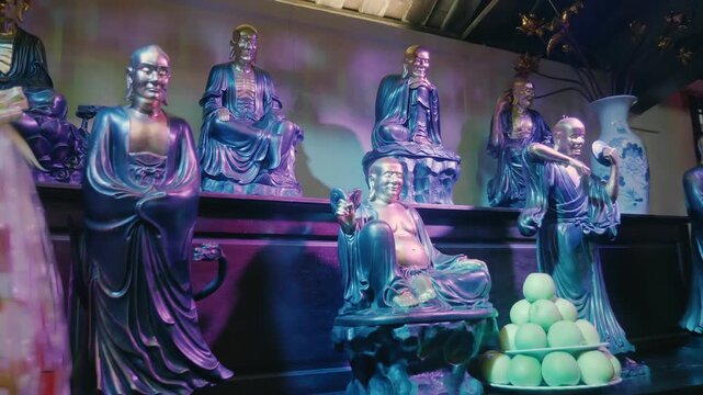 A collection of dark-finished statues depicting Buddhist monks arranged on a raised platform or shelf set against a light wall, illuminated by vibrant purple and blue ambient stage interior lighting 