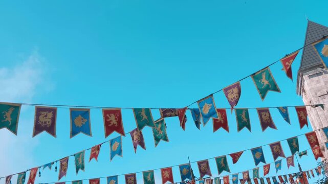 Colorful medieval-style pennant banners and swallowtail flags hanging on wires with animal heraldic motifs, resembling decorative party flags or themed displays. Red, blue, green and maroon background