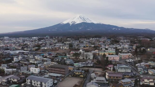 Aerial Telephoto View of Fujikawaguchiko Town and Mount Fuji