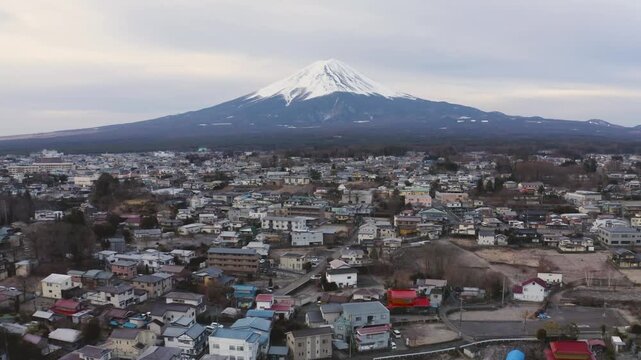 Aerial Telephoto View of Mount Fuji Above Fujikawaguchiko Town Buildings