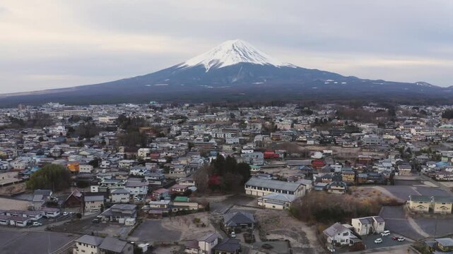 Aerial Telephoto View of Fujikawaguchiko Townscape and Snow Capped Mount Fuj