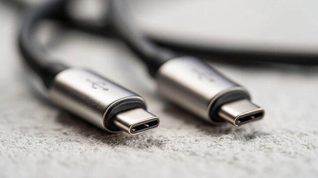 Two USB-C cables rest on a textured surface, with metal connectors facing forward. Close-up emphasizes reversible ports and connectivity. Device charging and data transfer concept.