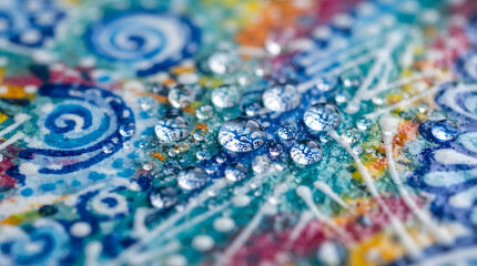 Fototapeta premium Macro view of clear water droplets resting on a colorful abstract textured artistic painted surface with vibrant blue swirls and paint splatters