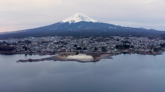 Wide Telephoto View of Mount Fuji Over Forest and Lake Kawaguchiko at Dawn