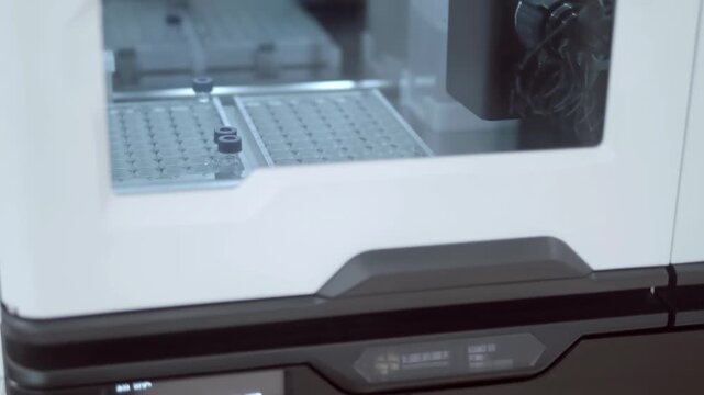 A new glass vial quality tester for medicines is presented at the exhibition. Closeup. Shot in motion