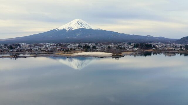 Symmetrical Reflection of Mount Fuji and Lake Kawaguchiko at Sunrise Aerial View