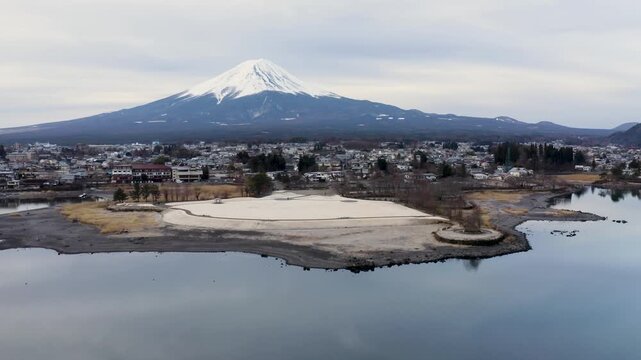 Aerial View of Lake Kawaguchiko Shoreline and Mount Fuji with Fujikawaguchiko Town