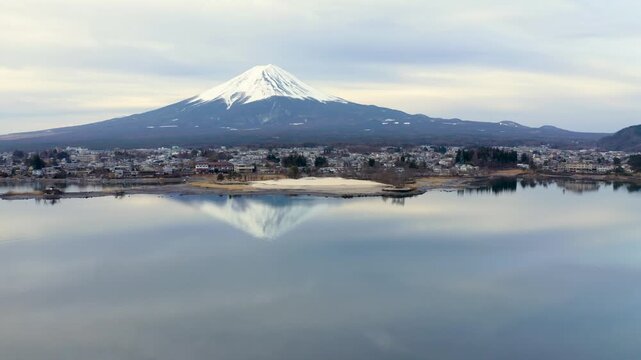 Mount Fuji Reflection on Lake Kawaguchiko with Fujikawaguchiko Aerial View