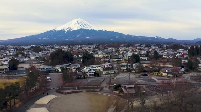 Panoramic View of Mount Fuji and Fujikawaguchiko Cityscape Under Cloudy Sky
