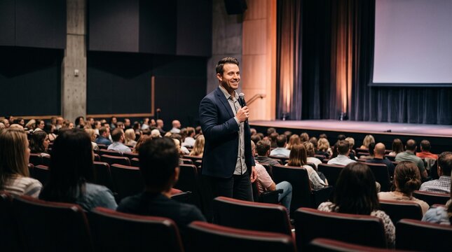 Smiling male speaker holding microphone addressing audience in auditorium during presentation or lecture