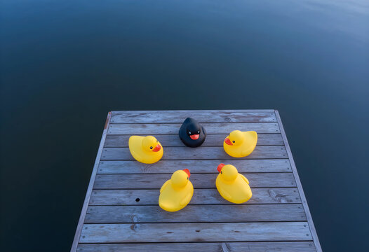 Diversity and inclusion concept, black rubber duck surrounded by yellow ducks on a wooden pier uniqueness and social integration in a group