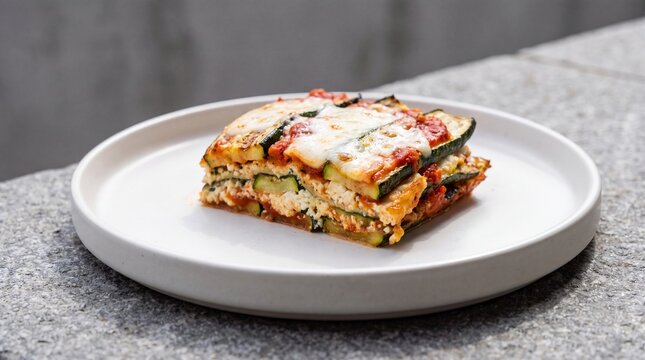 Culinary Presentation, A delicious zucchini lasagna presented on a sleek white plate