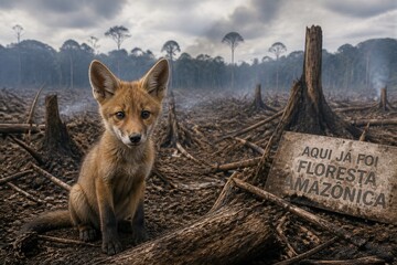 Fototapeta premium Fox pup sitting among burnt stumps in deforested landscape