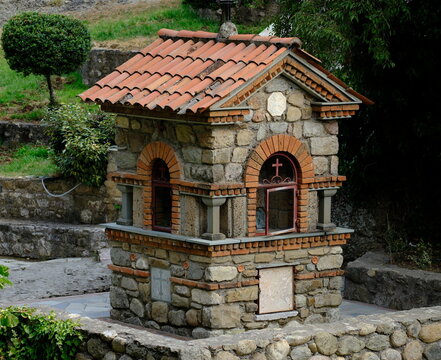 A decorative stone chapel within the monastery grounds at Meteora, Greece, Kastraki
