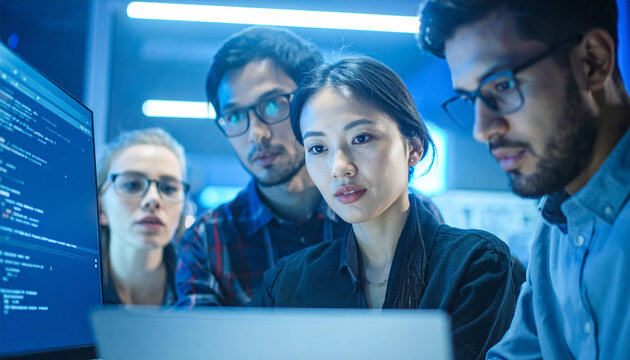 A diverse team of focused software engineers collaborates on complex code at a modern hightech office. This cinematic shot captures intense professional innovation, creativity, and teamwork.