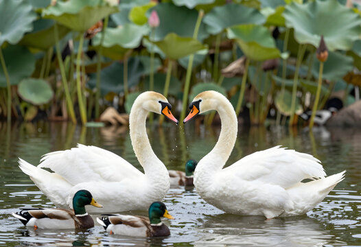 Love and romance concept, two white swans forming a heart shape with necks on a pond with mallard ducks in a natural park setting during spring