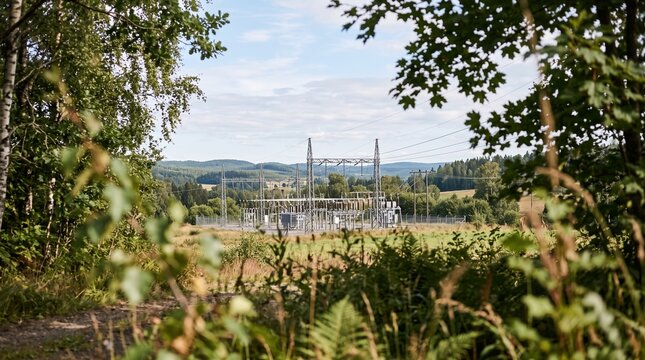 Electrical substation with power lines in a rural landscape framed by trees and foliage