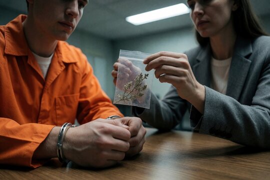 Handcuffed inmate in orange jumpsuit meets lawyer holding plastic bag with marijuana evidence. Legal counsel consults prisoner during investigation in jail interview room.