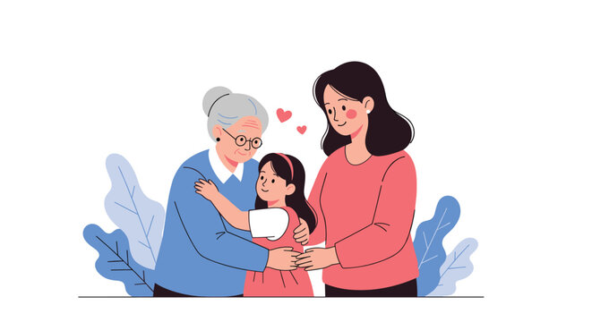 Loving three generations of women hugging each other with affection and happiness in a flat vector style.