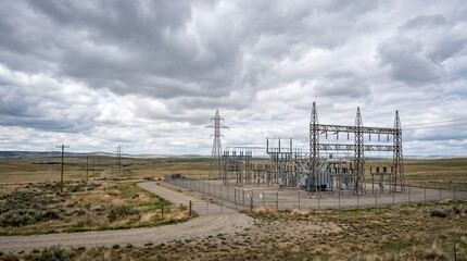 Fototapeta premium Electrical substation with transmission towers and power lines in a vast rural landscape under a cloudy sky