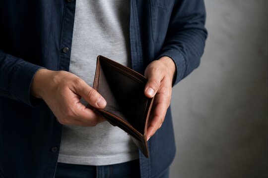 Person holding empty wallet indoors indicating financial hardship