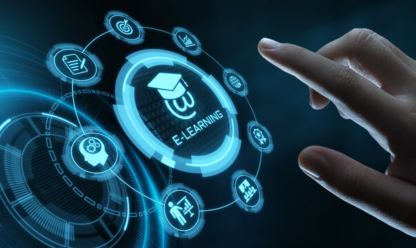 Digital Education Interface With E-Learning Icons and Touchscreen Technology