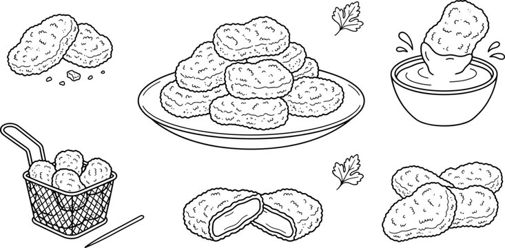 Fast Food Chicken Nuggets Vector Icon Set featuring fried nuggets on a plate fryer basket dipping sauce and snacks for restaurant menu graphic designs