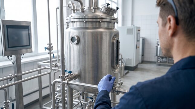 Industrial worker in blue uniform and gloves adjusts valve on stainless steel fermentation tank in a cleanroom laboratory