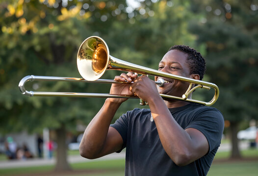 Music performance and creative expression, happy man playing trombone in park with passion and joy for jazz music and artistic hobby in summer