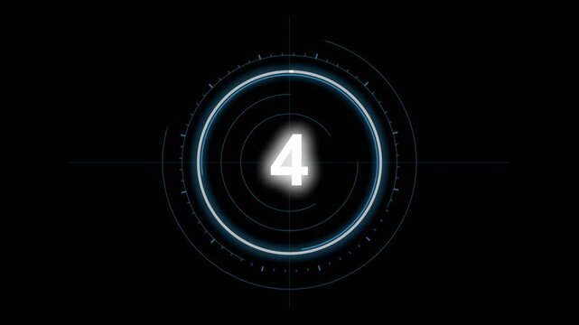 Futuristic countdown timer from five to one with circular graphic interface and glowing numbers.