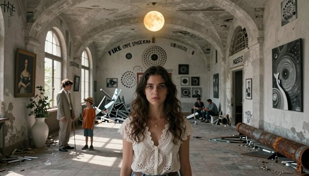 Woman in Derelict Art Gallery with Moonlight