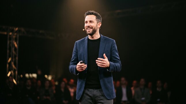 Confident Male Speaker Engaging Audience on Stage with Microphone and Gesturing Hands