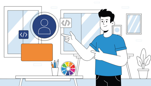 Professional web developer points to digital user interface elements while designing software applications in his studio.
