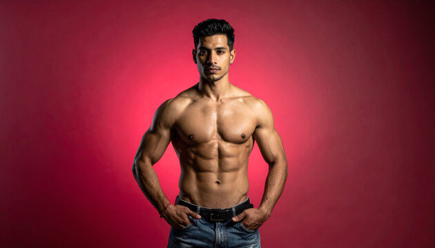 A muscular young man with a toned physique stands confidently against a vibrant red backdrop. This powerful studio portrait highlights strength, discipline, and masculinity in a bold aesthetic.