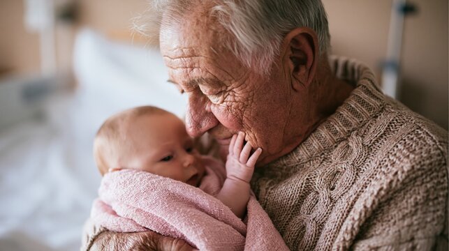 An elderly woman cradles a newborn baby close to her face. Tiny hand gently touches her wrinkled cheek. Intergenerational family love and caregiving closely connect two generations