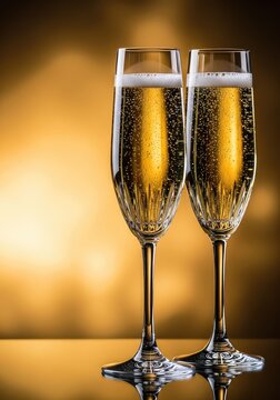 Two elegant crystal flutes filled with sparkling golden champagne stand on a reflective surface against a soft golden bokeh background, duo, carbonated, chilled