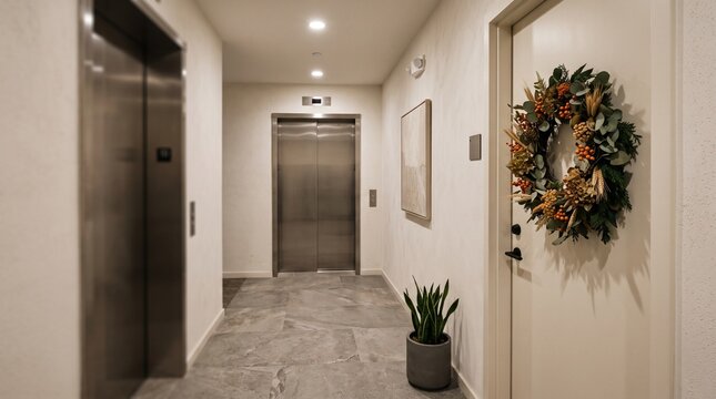 Seasonal wreath brightens an apartment elevator vestibule