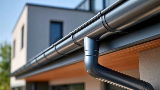 Close-up of dark gray metal gutter and downspout on a modern building, highlighting precise construction and minimalist design.