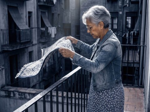 Balcony Scene With Senior Woman Inspecting a Woven Rug