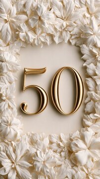 Decorative design features the number 50 surrounded by a floral frame in cream and gold colors. This format celebrates an anniversary occasion.