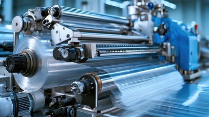 Fototapeta premium Industrial machine produces polyethylene bags in a high-speed, automated factory setting.