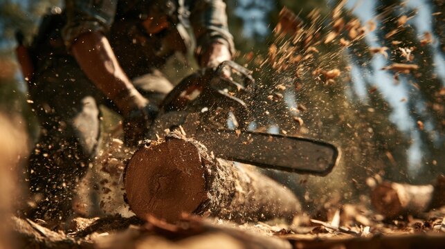 Forestry worker cutting a log with a chainsaw in a sunny forest, wood chips flying, emphasizing timber production and safety.