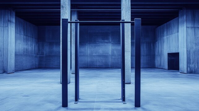 Modern minimalist workout station with pull-up bars inside a massive industrial concrete structure bathed in cool blue light