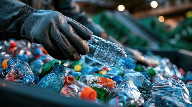 Worker sorts plastic bottles at a recycling plant, highlighting sustainable waste management practices.