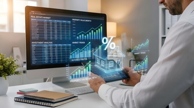 Real estate market data analysis on computer screen, financial investment charts with house icon, mortgage interest rate percentage overlay