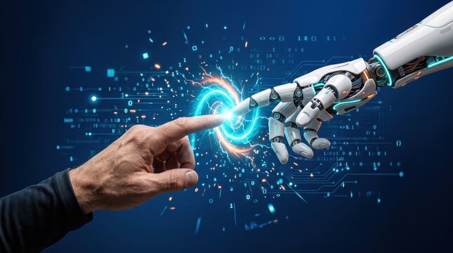 Cybernetic finger meeting human hand to ignite a glowing digital vortex against a dark blue background.