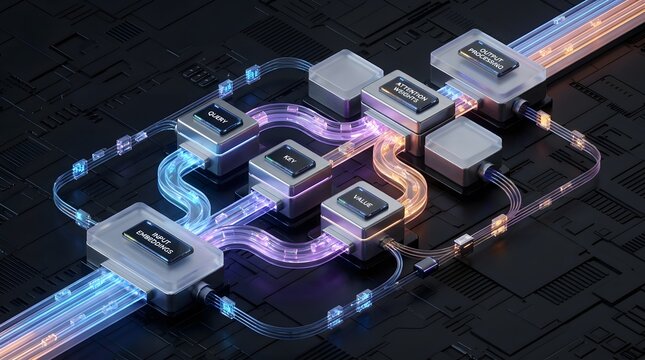 Quantum computing processor with glowing data paths, futuristic microchip architecture, high-tech semiconductor circuit board with neon energy flow
